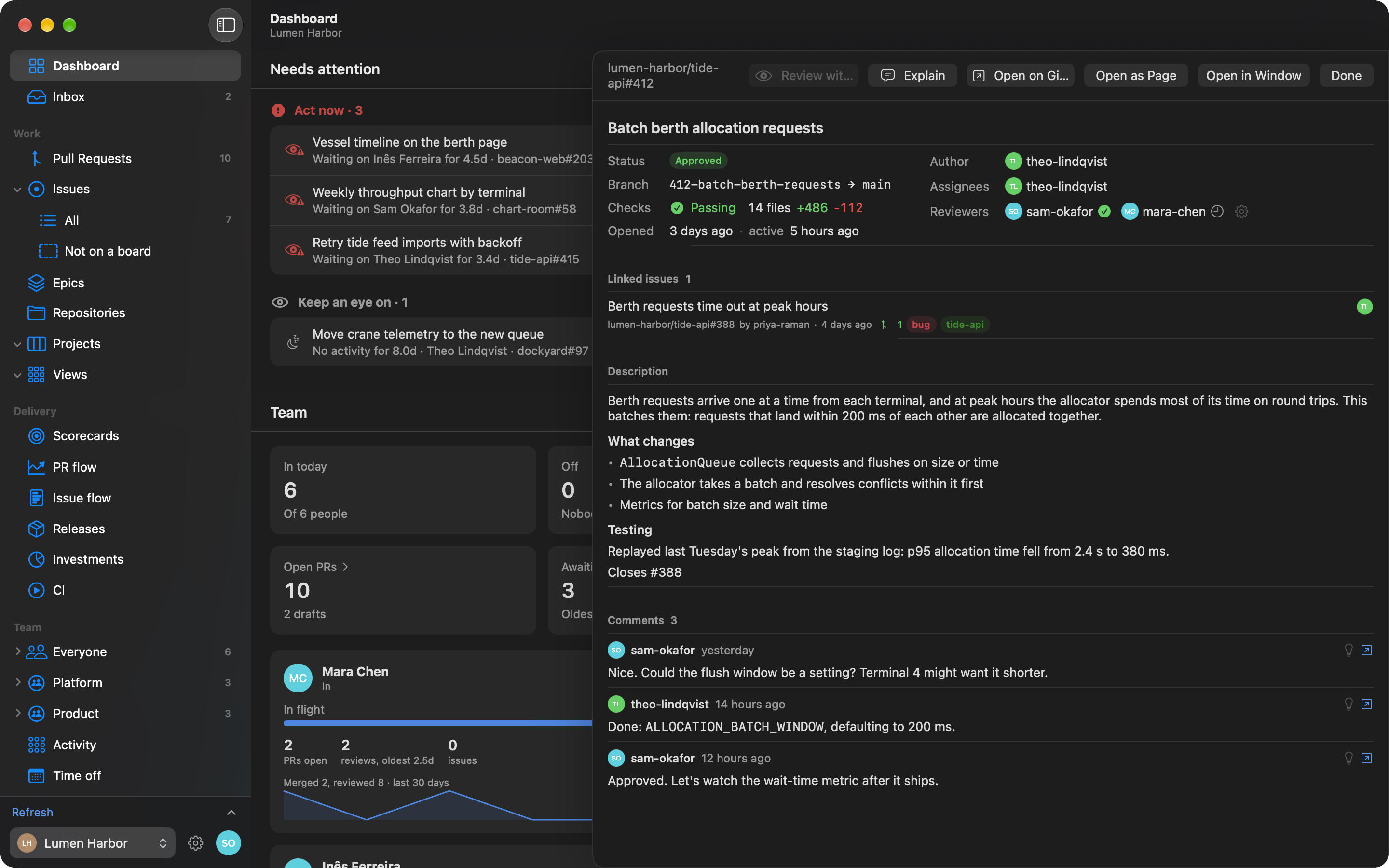 A pull request in a drawer over the Dashboard: its status, checks, reviewers, linked issue and description