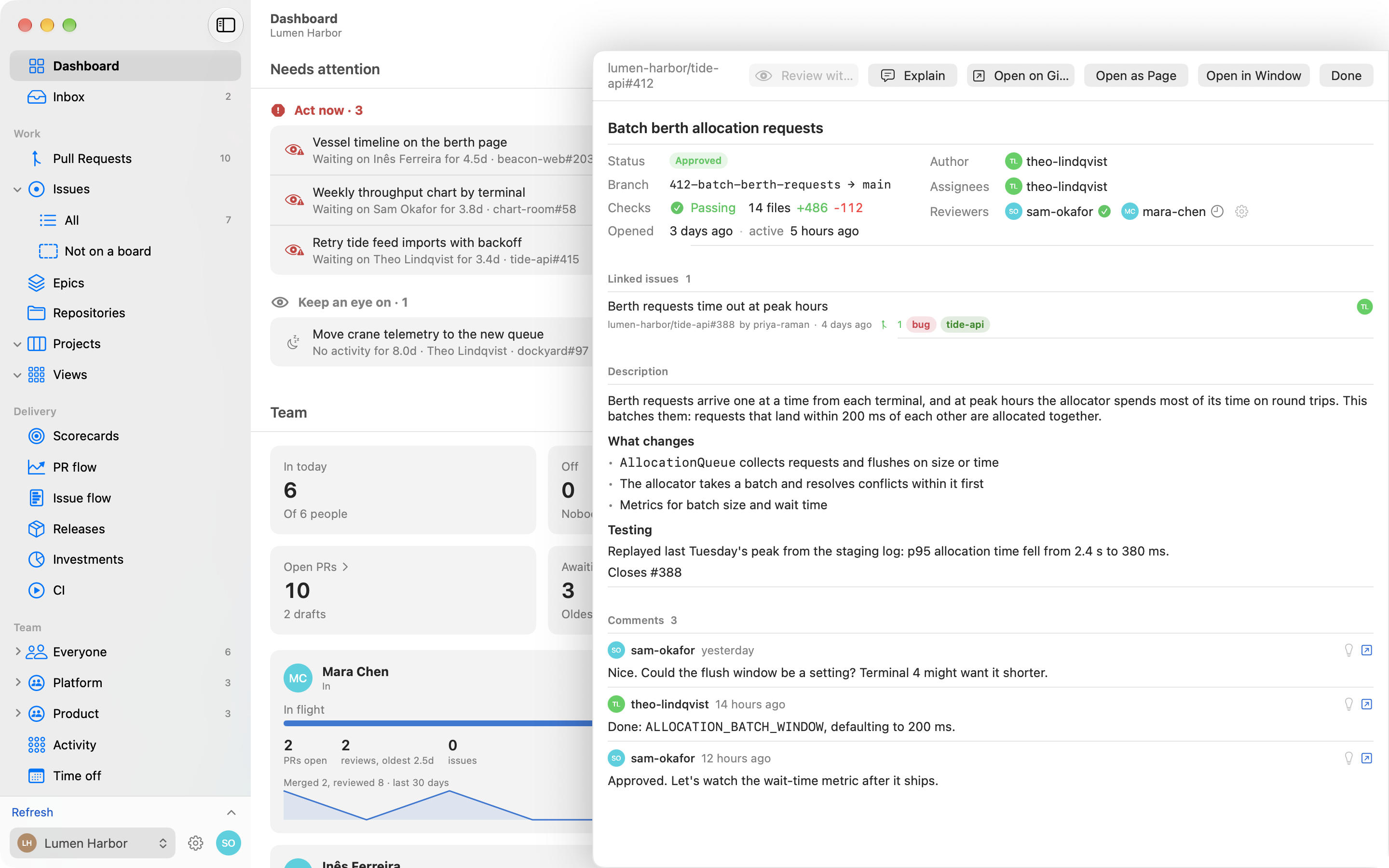 A pull request in a drawer over the Dashboard: its status, checks, reviewers, linked issue and description