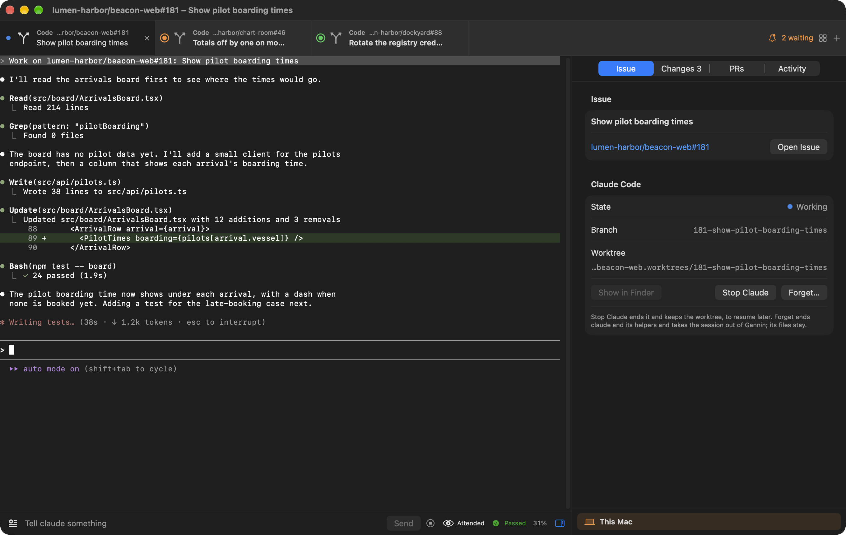 The Claude Code window: a session working on an issue, with its tabs, terminal and side panel