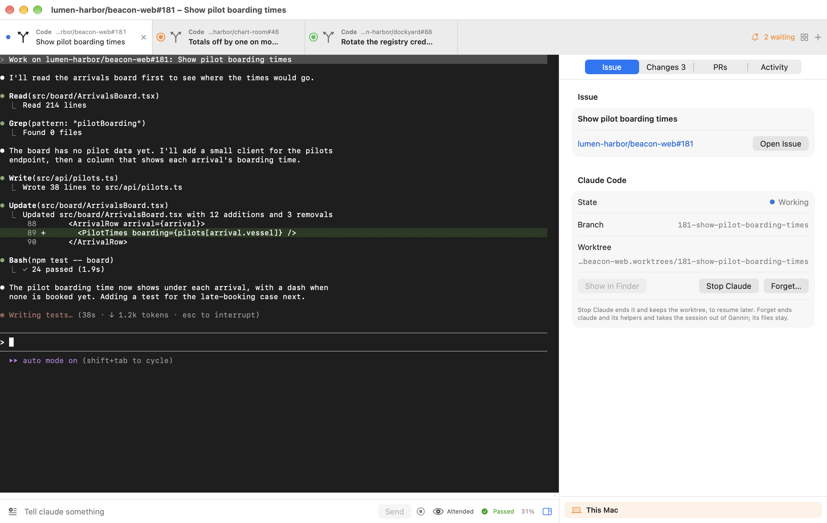 The Claude Code window: a session working on an issue, with its tabs, terminal and side panel